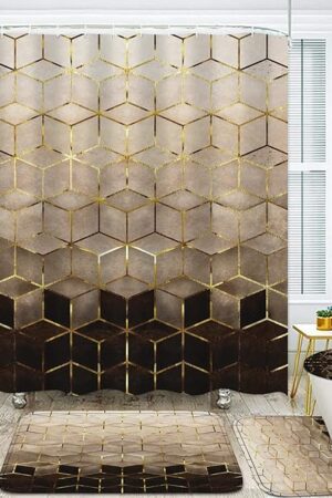 4Pcs Brown Gradient Shower Curtain Set, Modern Geometric Shower Curtain Set Golden Cubic Lines Bathroom Set Texture Art Bath Accessories with Mats