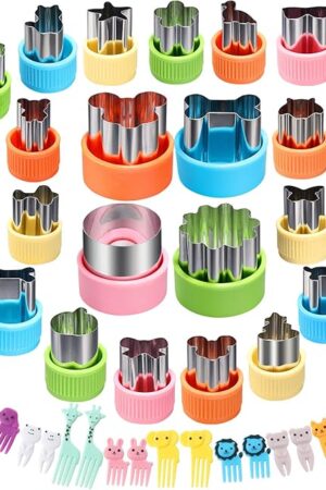 24 pcs Vegetable Cutter Shapes Sets Cookie Cutters Fruit Stamps Mold with 20 pcs Food Picks and Forks for Kids