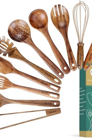 10 Pack Wooden Utensils for Cooking, Wood Utensil Set for Kitchen, Teak Wooden Spoon for Cooking, Non-Stick Spatula Ladle