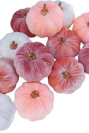 Winlyn 12 Pcs Small Rustic Faux Velvet Pumpkins Decorative Blush Coral Pink Peach Ivory Fabric Foam Pumpkins 3" for Fall Wedding Bbay Shower Thanksgiving Halloween Table Centerpiece Décor