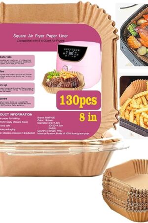 Air Fryer Liners for Pink Air Fryer, Paper Liners Disposable for Paris Hilton air fryer, White Air Fryer, Beelicious Air Fryer, 8 Inch 130PCs Square Food Grade Parchment Paper