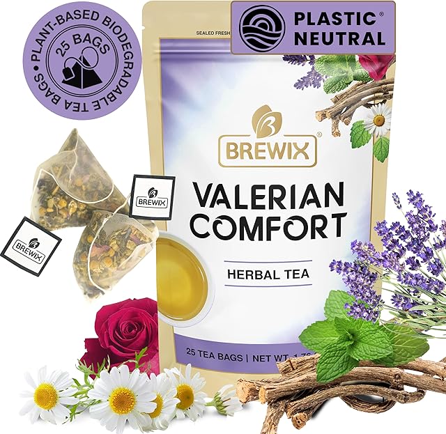 BREWIX, Valerian Comfort Tea for Sleep and Relaxation (25 Pyramid Bags) Caffeine-Free and Calming for Bedtime | Valerian Root, Chamomile & Lavender | Perfect Wellness Sleep