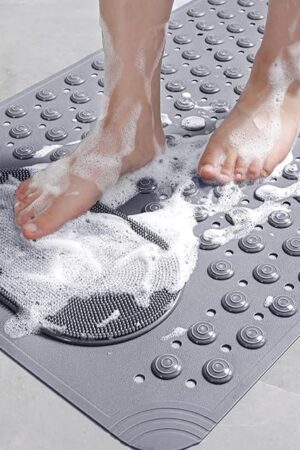 Bath Tub Shower Mat, 27x14 inch Non Slip Bathtub Mat with Suction Cups, Anti Slip Shower Mat with Drain Holes Suction Cups,Shower Foot Scrubber Mat, Foot Massage Bath Mat (Grey)