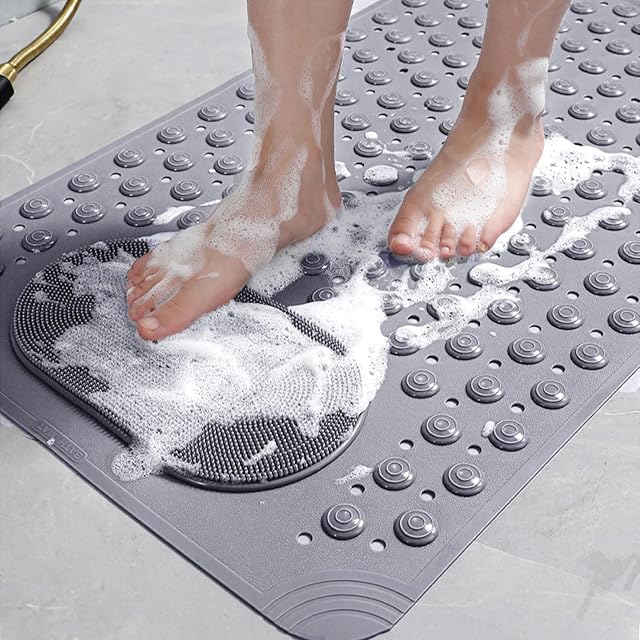Bath Tub Shower Mat, 27x14 inch Non Slip Bathtub Mat with Suction Cups, Anti Slip Shower Mat with Drain Holes Suction Cups,Shower Foot Scrubber Mat, Foot Massage Bath Mat (Grey)