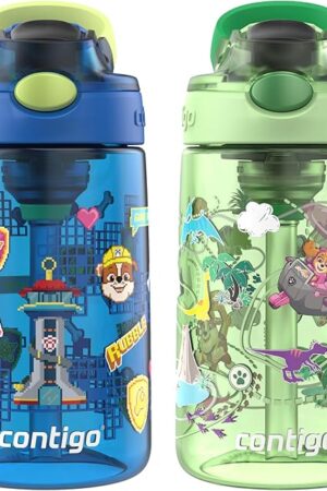 Contigo 2-Pack Aubrey Paw Patrol Water Bottles, 14oz, Leak-Proof | with Autospout | Power Pups and Dino Treks | Spill-Proof | Green and Blue