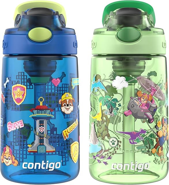 Contigo 2-Pack Aubrey Paw Patrol Water Bottles, 14oz, Leak-Proof | with Autospout | Power Pups and Dino Treks | Spill-Proof | Green and Blue