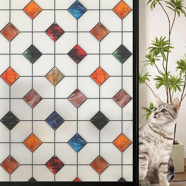 DKTIE Stained Glass Window Film Geometric Patterns, Fine Frosted Window Clings for Glass Windows, Waterproof for Bathroom Window Privacy Film Day and Night (S533, 17.7in X 78.7in)
