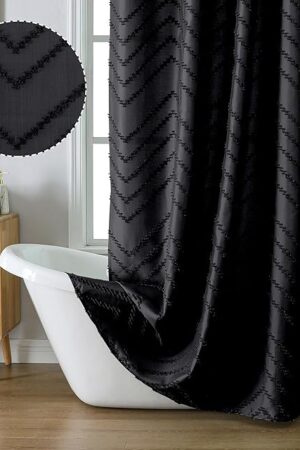 Chyhomenyc Chevron Black Shower Curtain 72x72 inches, Fabric Shower Curtain Farmhouse Chic Textured Tufted Chevron Striped Cloth Shower Curtain for Bathroom