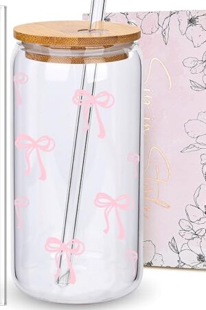Coquette Cute Pink Bow Glass Cups with Lids and Straws, Aesthetic Iced Coffee Cup, Girly Preppy Design Tumbler Mug, Birthday Valentines Christmas Gifts for Women, Teen Girl Gifts Trendy Stuff