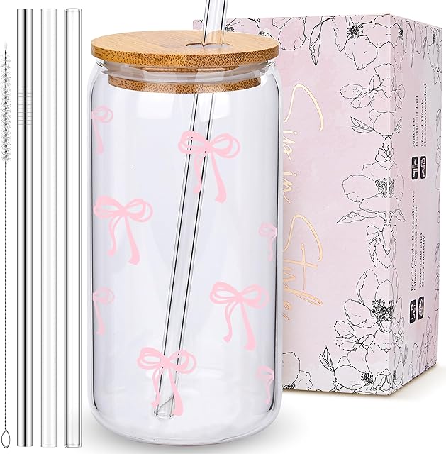 Coquette Cute Pink Bow Glass Cups with Lids and Straws, Aesthetic Iced Coffee Cup, Girly Preppy Design Tumbler Mug, Birthday Valentines Christmas Gifts for Women, Teen Girl Gifts Trendy Stuff