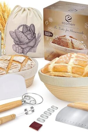 9" Banneton Bread Proofing Basket Set of 2 โ Round & Oval Rattan, Sourdough Starter Kit, Includes Lame, Dough Scrapers, Linen Liner Cloth, Dough Whisk, Bread Bag
