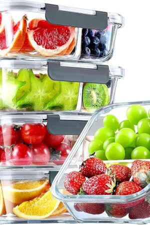VERONES 5 Pack Glass Meal Prep Containers 2 Compartment Set, 36OZ Airtight Glass Lunch Containers, Glass Food Storage Containers with Lids, for Microwave, Oven, Freezer & Dishwasher Friendly,Grey