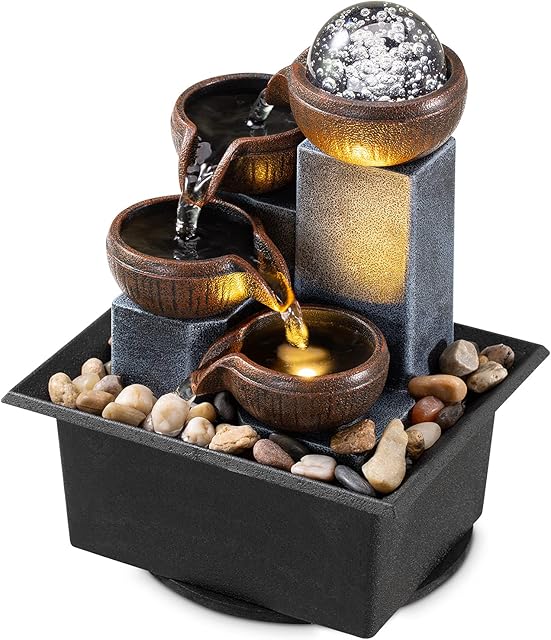 Tabletop Fountain 4 Level Tabletop Waterfall Indoor Meditation Fountain Office Home Relax Desktop Waterfall Pool Includes Many Natural River Rocks LED Lights Fixed Decorative Bubble Ball