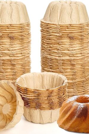 ZENFUN 100 Pcs Mini Fluted Tube Pan Liner, 4 Inch Disposable Paper Cake Pan Liner for Baking, Nonstick Small Cakes Pan Liners, Mini Angel Food Cakes, Great for Pie, Scone, Pineapple