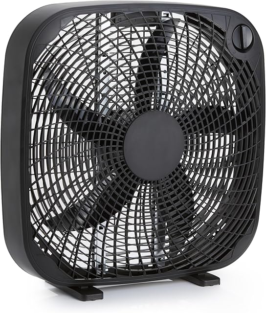Amazon Basics 3 Speed Box Fan, Indoor Electric Fan for Home Cooling, 5 Blades, Lightweight Design, 67 Watts, 20-Inch, Black, 6.8"D x 20.86"W x 21.33"H