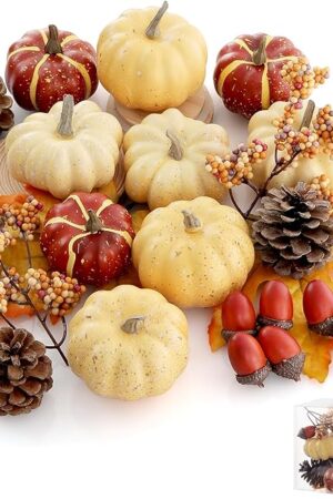 Artgar Pumpkin Decor Set, 23 PCS Fall Harvest Decorations Including Mini Pumpkins, Acorns, Pinecones, Berries, Maple Leaves for Home Table Wedding DIY Fall Halloween Thanksgiving Decor