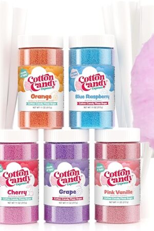 Cotton Candy Express Floss Sugar Variety Pack with 5 - 11oz Plastic Jars of Grape, Orange, Pink Vanilla, Blue Raspberry, Cherry Flossing Sugars Plus 50 Paper Cotton Candy Cones