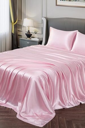 Vonty Satin Sheets Twin Silky Soft Satin Bed Sheets Pink Sheet Set, 1 Deep Pocket Fitted Sheet + 1 Flat Sheet + 1 Pillowcases