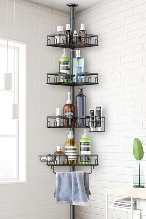 Corner Shower Caddy Tension Pole, 4-Tier Rustproof Bathroom Organizer Storage for Inside Shower Bathtub Shampoo,39 to 113 Inch Adjustable Floor Standing Shelves Black
