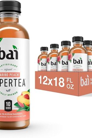 Bai Iced Tea, Narino Peach, Antioxidant Infused Supertea, Crafted with Real Tea (Black Tea, White Tea), 18 Fluid Ounce Bottles, 12 count
