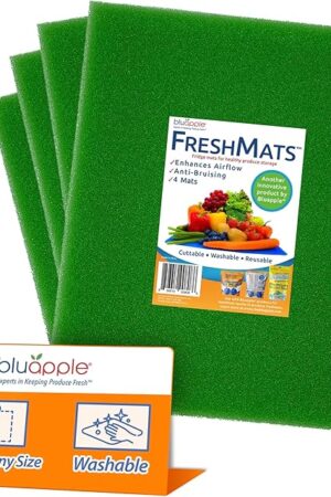 Bluapple FreshMats - Refrigerator Bin Liners, Fridge Drawer Mats - Keeps Produce Fresh Longer, Prevents Bruising, Promotes Air Circulation - BPA-Free Polyurethane Foam - (4-Piece Set, 12"x15", Green)