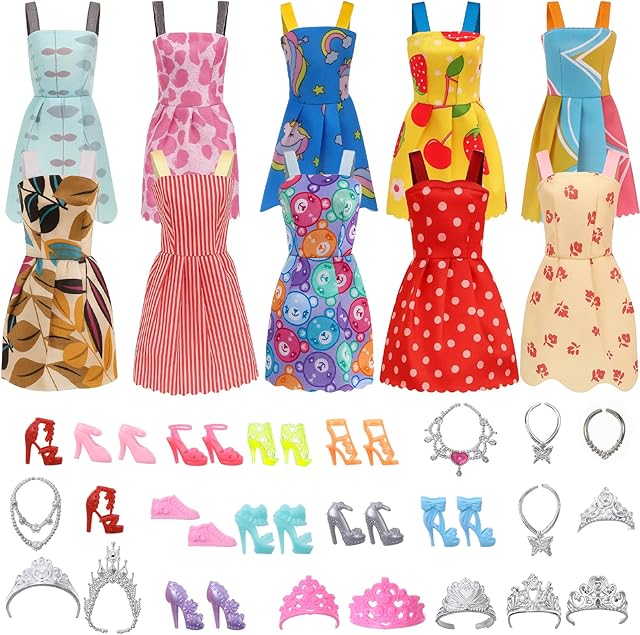 The 30 Pcs Doll Clothes and Accessories for 11.5 Inch Dolls, Including 10 Fashion Dresses, 10 Princess Crowns, 6 Pairs of Shoes, 6 Necklace, Doll Dress up Toys Outfit for Girls Kids Toddlers Gifts