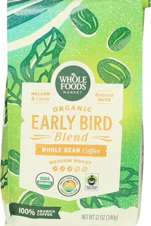 Whole Foods Market, Organic Early Bird Blend, Medium Roast Whole Bean Coffee, Cocoa & Roasted Nuts, 12 Ounce