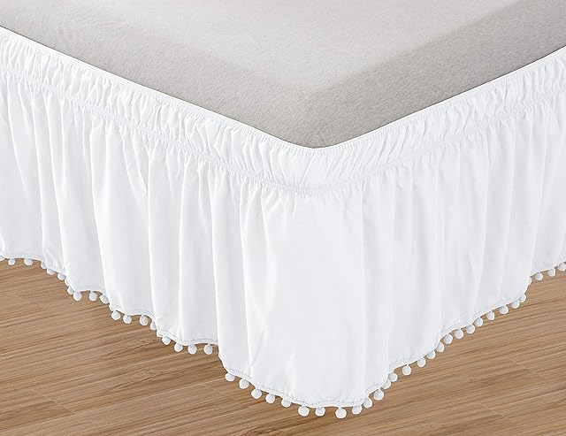 Elegant Comfort Top-Knot Tassle Pompom Fringe Ruffle Skirt Around Style Elastic Bed Wrap- Wrinkle Resistant 16 inch Drop, Twin/Full, White
