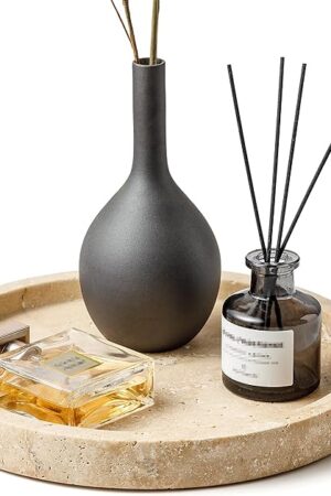 WORHE Natural Marble Vanity Tray for Bathroom Kitchen Dresser, Travertine Stone Decorative Trays for Jewelry, Perfume, Cosmetic, Candle, Round Countertop Storage Organizer for Home Decor Beige (WH019)