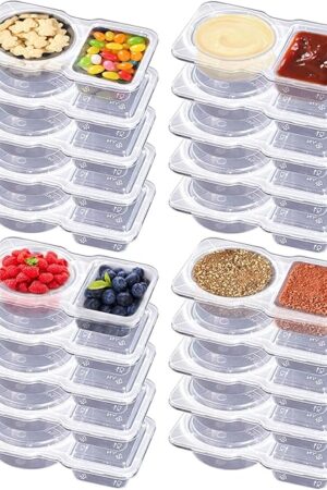 20 Sets Double Compartment Condiment Containers with Lid, Reusable Snack Pack Container, Portion Control Container for Condiments or Dips, Sauce, Salad Dressing, Sampling, Travel Snack