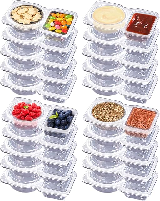 20 Sets Double Compartment Condiment Containers with Lid, Reusable Snack Pack Container, Portion Control Container for Condiments or Dips, Sauce, Salad Dressing, Sampling, Travel Snack