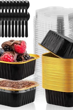 35 Pack 5 OZ Square Mini Baking Pans with Lids, 3.5x3.5 Inch Mini Cake Tins, Aluminum Foil Baking Cups Disposable Cake Containers for Party, Wedding, Birthdays, Black and Gold