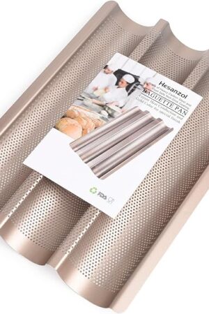 Baguette Pans for Baking 15" x 11", Carbon Steel 3 Loaf Nonstick Baguette Baking Tray for French & Italian Perforated French Bread Pan