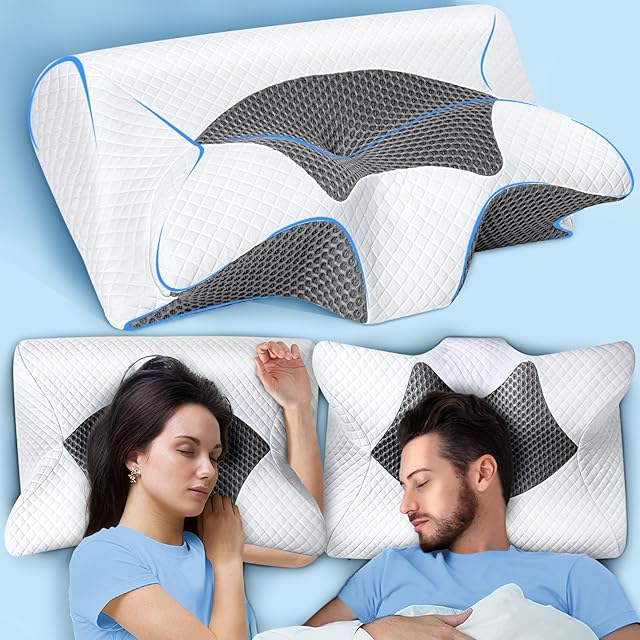 SAHEYER Cervical Neck Pillow, Memory Foam Pillow for Neck Pain Relief and Snoring, Ergonomic Pillow for Side Sleeper, 2 in 1 Orthopedic for Back and Stomach Sleeper, Grey