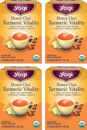 Yogi Tea Honey Chai Turmeric Vitality Tea - 16 Tea Bags per Pack (4 Packs) - Organic Tea to Support Overall Health - Includes Cinnamon Bark, Turmeric Root, Cardamom Pod, Ginger Root & More