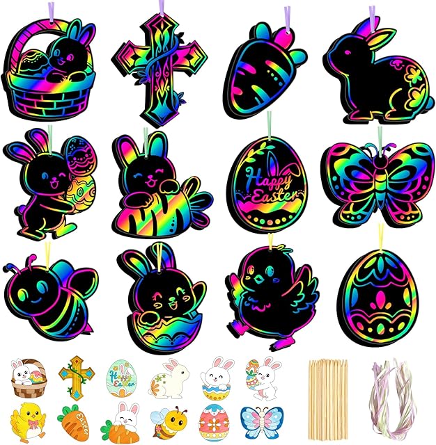 The Leesgel Easter Basket Essentials, 50Pcs Easter Crafts for Kids, Basket Stuffers Bunny Scratch Art Set Kits, Easters Scratch Cards Party Supplies for Boy Girls Class Bulletin Board Ornaments