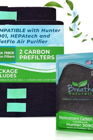 Breathe Naturally Replacement Carbon Pre-Filters Compatible with Hunter 30901, HEPAtech and QuietFlo Air Purifier - Activated Charcoal Filter Sheet - 16" x 30"x 0.2" (Pack of 2, Carbon Prefilters)