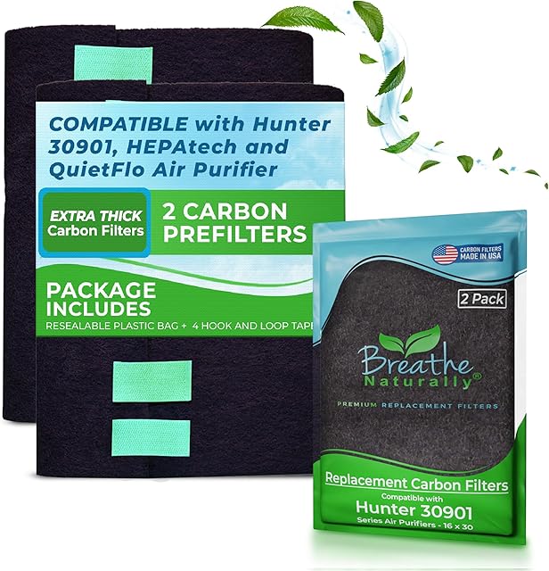 Breathe Naturally Replacement Carbon Pre-Filters Compatible with Hunter 30901, HEPAtech and QuietFlo Air Purifier - Activated Charcoal Filter Sheet - 16" x 30"x 0.2" (Pack of 2, Carbon Prefilters)