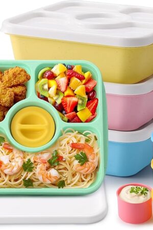 Bento Snack Box Containers, Kids Adults Bento Lunch Box Containers, 4 Pack Meal Food Prep Containers Reusable with Lids, Divided Food Storage Containers with Sauce Cups, Pastel Color