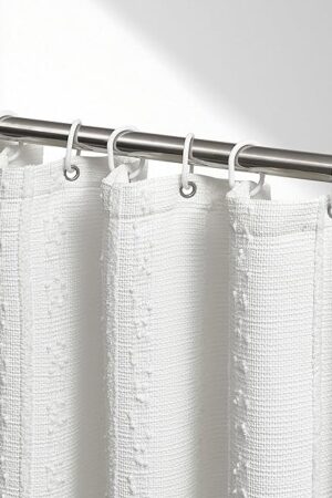 White Shower Curtain Boho, Textured Shower Curtain Cotton Blend Waffle Weave Stripe Fabric Shower Curtains for Bathroom, Hotel, Washable, 72 x 72