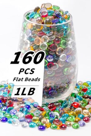 1 LB Mixed Color Flat Glass Beads, 160-180PCS Small Glass Marbles, Mini Flat Round Pebbles for Vase Filler and Floral, Fish Tank Rocks Decorative Gemstones for Home and Aquarium Décor
