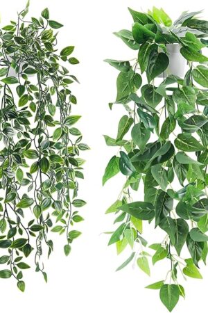Der Rose 2 Pack Fake Plants Hanging Faux Potted Ivy Vine Artificial Plants Indoor for Room Bathroom Wall Shelf Outdoor Decor