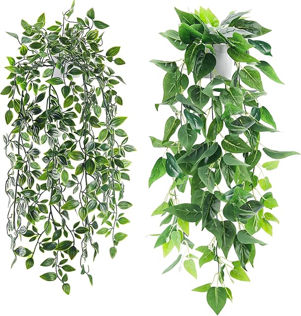 Der Rose 2 Pack Fake Plants Hanging Faux Potted Ivy Vine Artificial Plants Indoor for Room Bathroom Wall Shelf Outdoor Decor