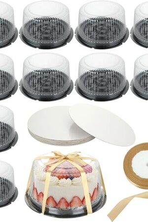 10 Pcs 10 Inches Disposable Cake Container with Lid Plastic Cake Carrier with Clear Dome Lid and Cake Boards Round Cake Containers Carriers for Transport, Party Takeout Food Display