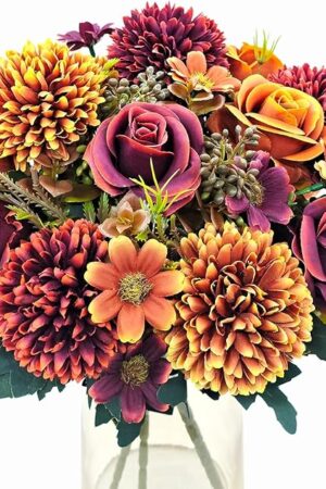 3 Pcs Fall Flowers Artificial Mums Silk Chrysanthemum Rose Daisy Bouquet Fake Mum Faux Floral Arrangements Home Indoor Outdoor Planter Decor Party Wedding Table Autumn Decoration