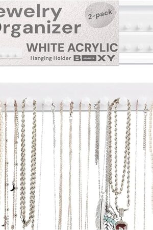 Boxy Concepts 2-Pack Necklace Organizer & Jewelry Storage - 10.5 in x 1.5 in White Wall-Mount Hanging Jewelry Organizer - 10 Hooks for Necklaces, Bracelets, Keys & Earrings