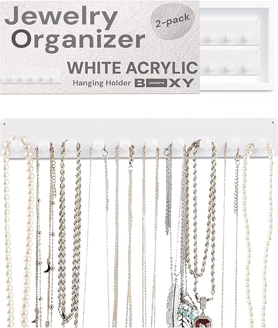 Boxy Concepts 2-Pack Necklace Organizer & Jewelry Storage - 10.5 in x 1.5 in White Wall-Mount Hanging Jewelry Organizer - 10 Hooks for Necklaces, Bracelets, Keys & Earrings