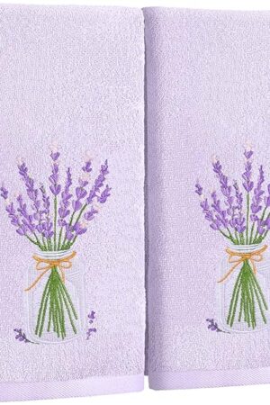 2 Pcs Lavender Hand Towels Purple Bathroom Decor 14x29 Inch Embroidered 100% Cotton Soft Absorbent Spring Summer Decorative Hand Towels for Bathroom Kitchen