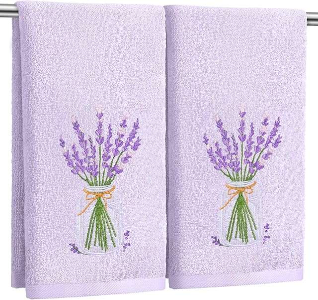 2 Pcs Lavender Hand Towels Purple Bathroom Decor 14x29 Inch Embroidered 100% Cotton Soft Absorbent Spring Summer Decorative Hand Towels for Bathroom Kitchen