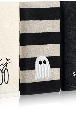 3 Pcs Halloween Ghost Hand Towels for Bathroom Cotton Embroidered Rodeo Kitchen Towels 13.3" x 29.5" Rustic Gifts for Bath Shower Farmhouse Decors Housewarming Gift(Black)